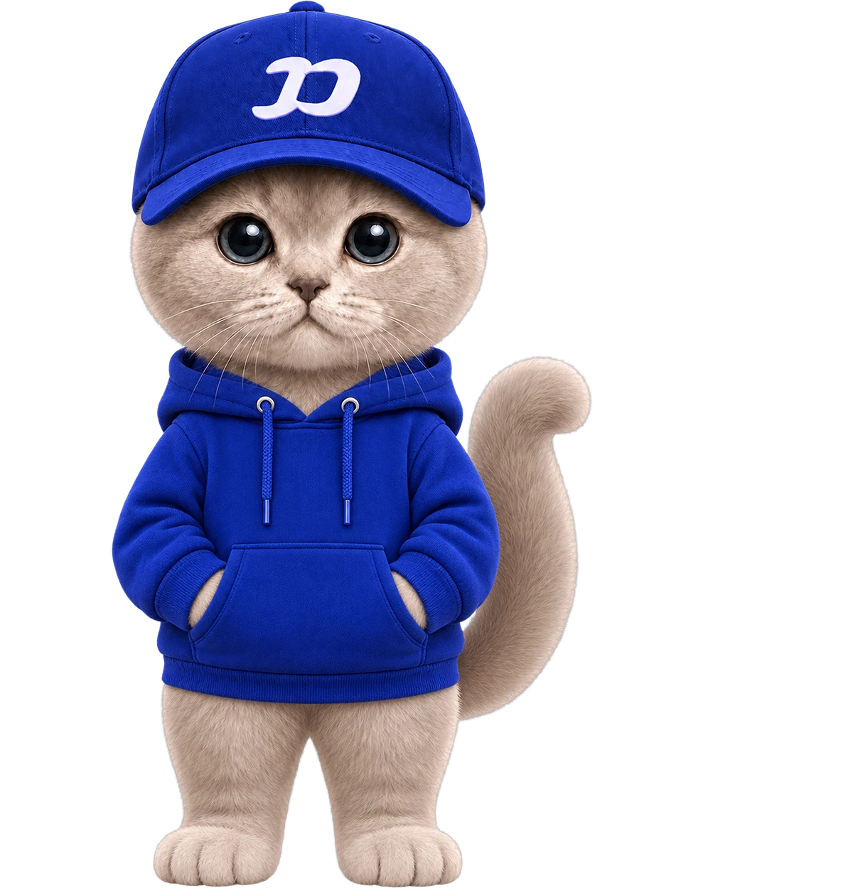 The FOMOCAT mascot: a grey cat standing upright in a blue FOMO cap and hoodie
