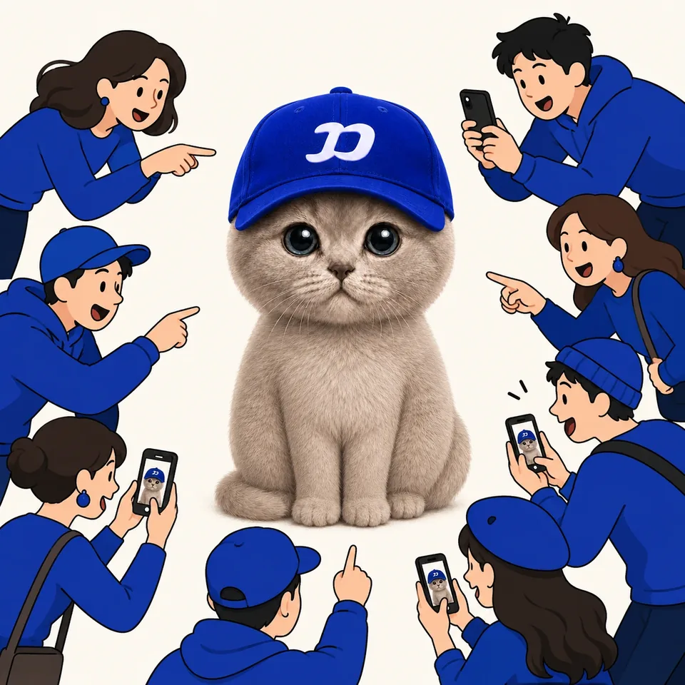 A crowd pointing and taking photos of the FOMOCAT mascot