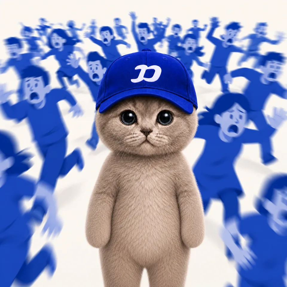 A panicked crowd sprinting past while the FOMOCAT mascot stands still