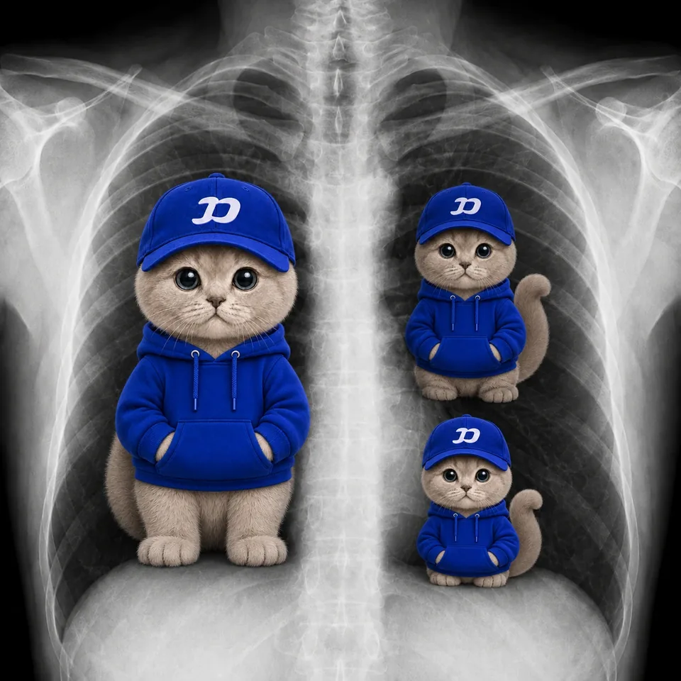 A chest X-ray with three FOMOCAT mascots sitting inside the ribcage